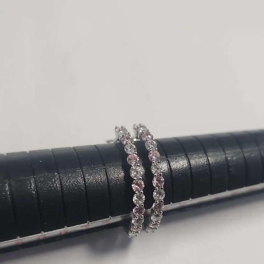 Sterling Silver Clear And Pink Crystal Hoop Earrings 925